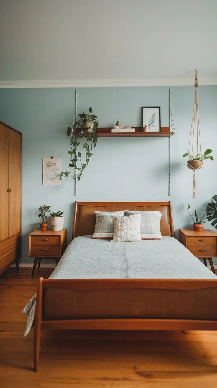 Serene light blue walls and natural wood floors create a calm mid-century modern bedroom haven.