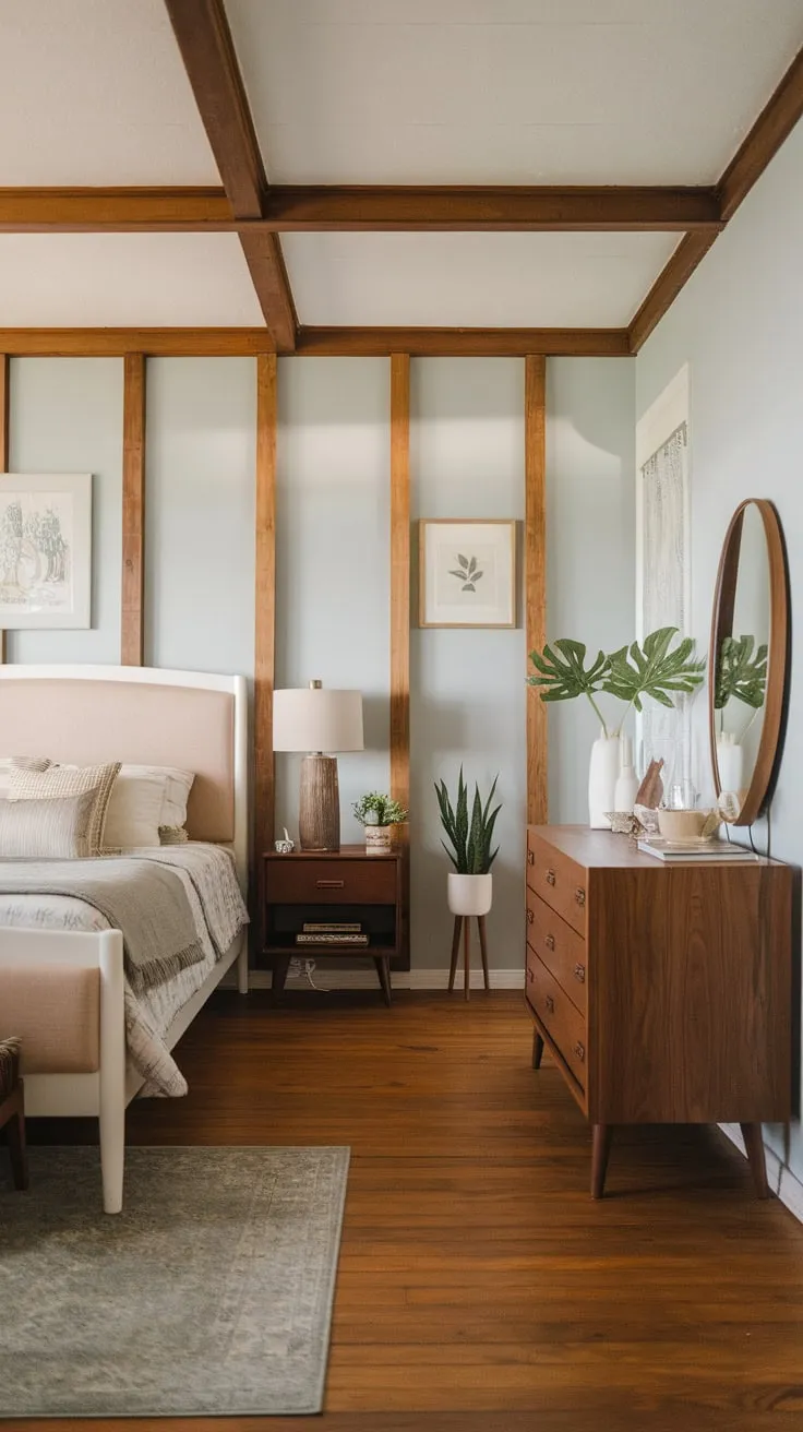 A mid-century modern farmhouse bedroom exudes tranquility with its beige headboard, white frame, and carefully curated eclectic details.