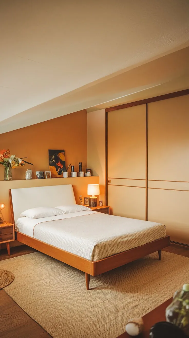 A sloped ceiling complements the mid-century modern aesthetic of this cozy bedroom, complete with a queen bed, built-in storage, and warm color palette.