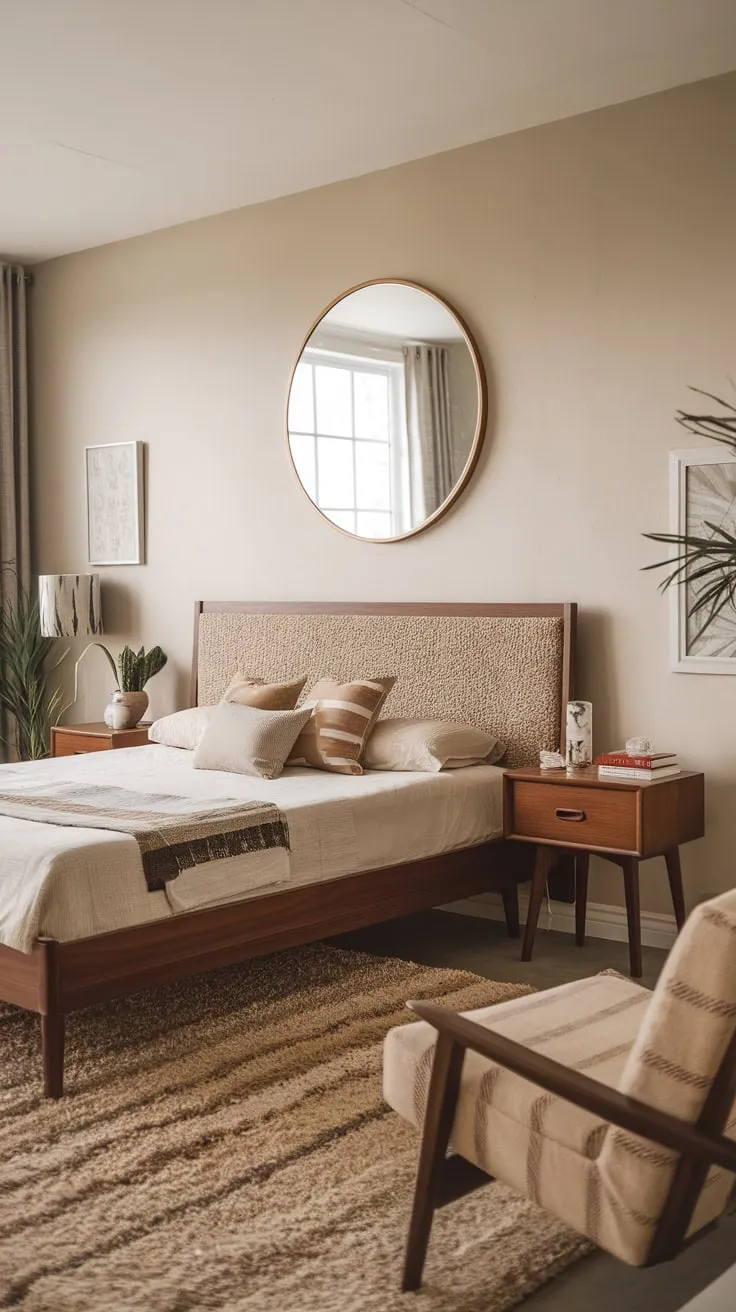 Soft lighting and a beige palette enhance the tranquil atmosphere of this mid-century modern bedroom, featuring a woven headboard and stylish accents.