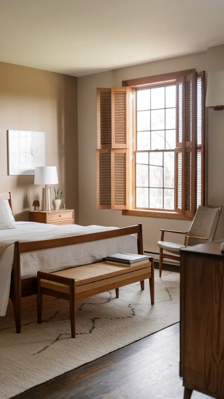 Calm beige walls and mid-century modern furniture create a cozy farmhouse bedroom retreat