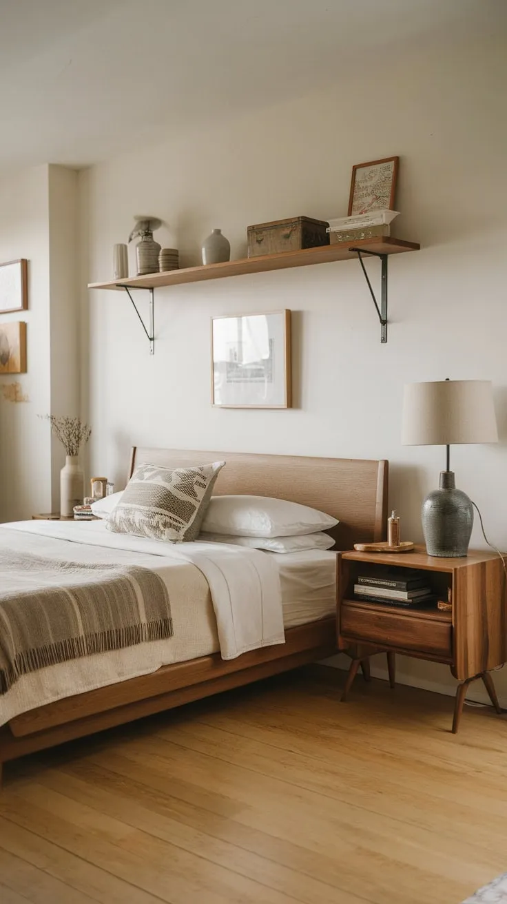 Calming beige and wood tones create a cozy mid-century modern farmhouse bedroom.