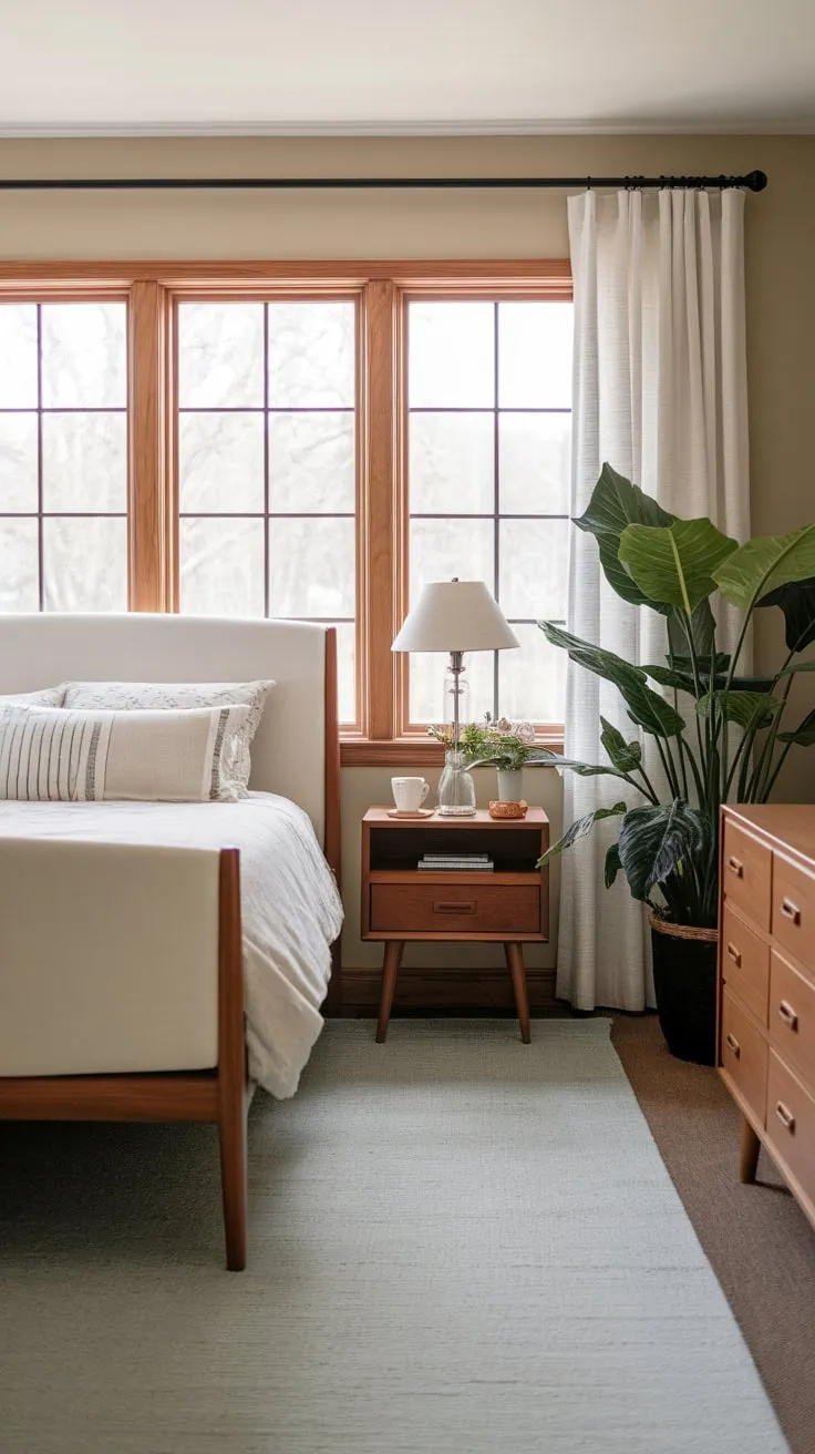 A serene mid-century modern farmhouse bedroom boasts a calming atmosphere with a full-size bed, vintage lamp, and pops of light blue and greenery.