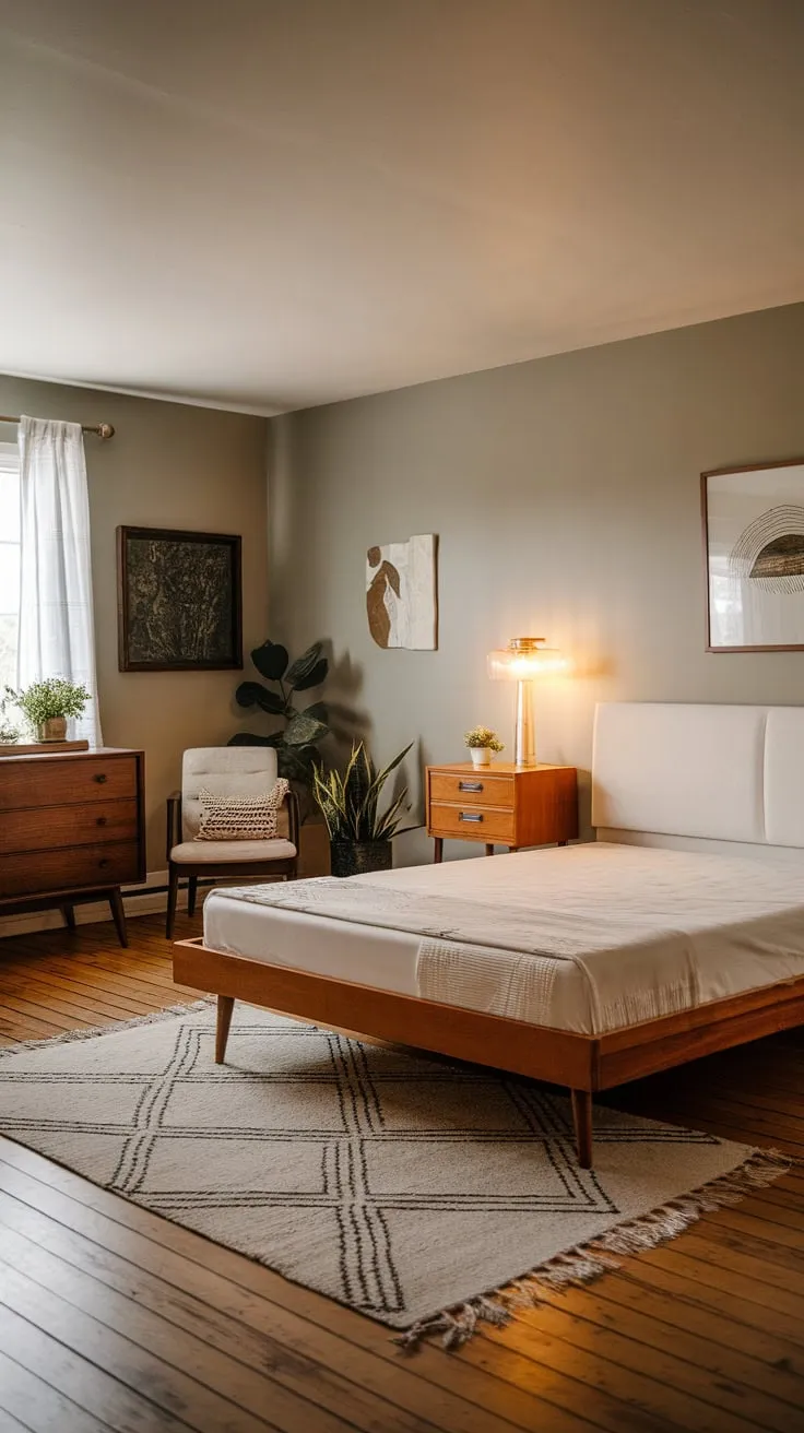 A cozy mid-century modern bedroom features a wooden platform bed, geometric rug, and soft gray walls for a tranquil atmosphere.