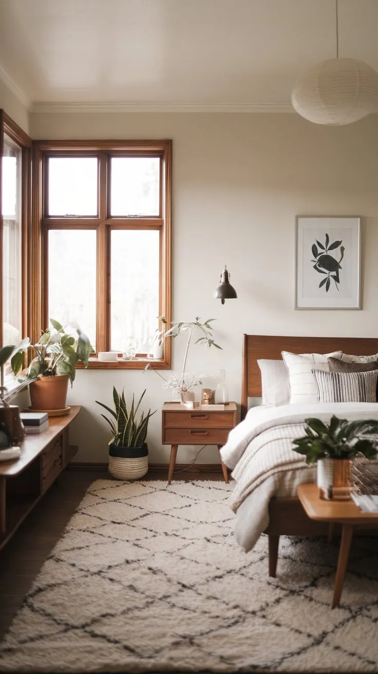 A calming mid-century modern bedroom blends Scandinavian and farmhouse styles for a cozy retreat.