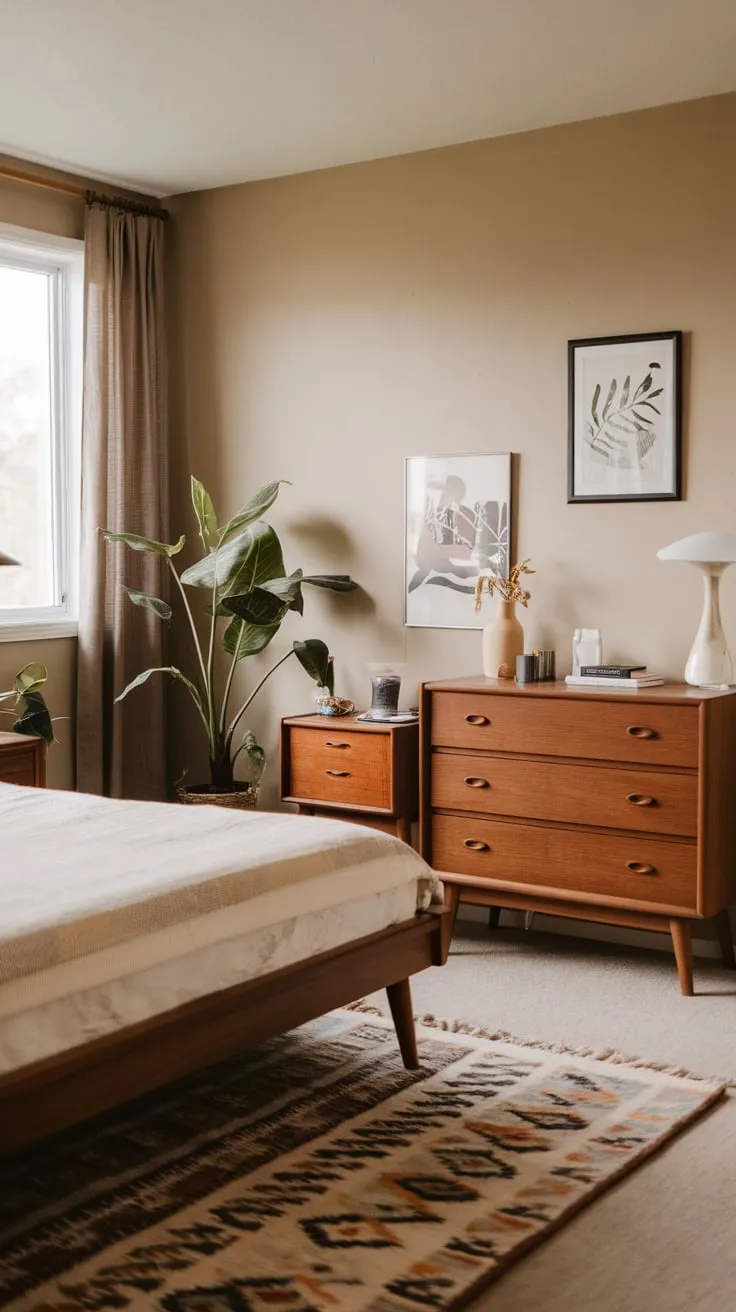 Beige walls and mid-century modern furniture create a calming, cozy bedroom retreat