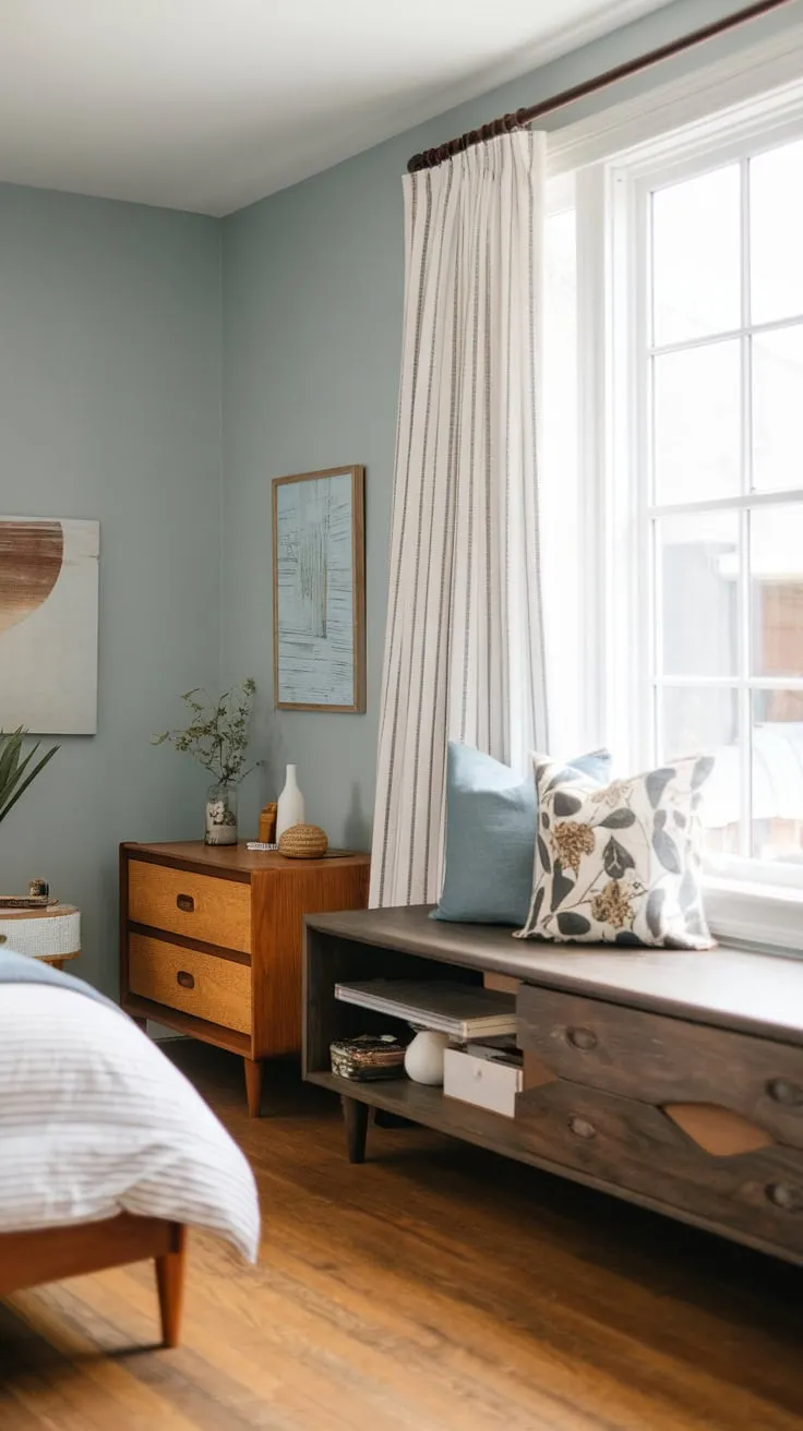 Warm wood floors and a large window complement the blend of mid-century and farmhouse furniture in this peaceful bedroom.