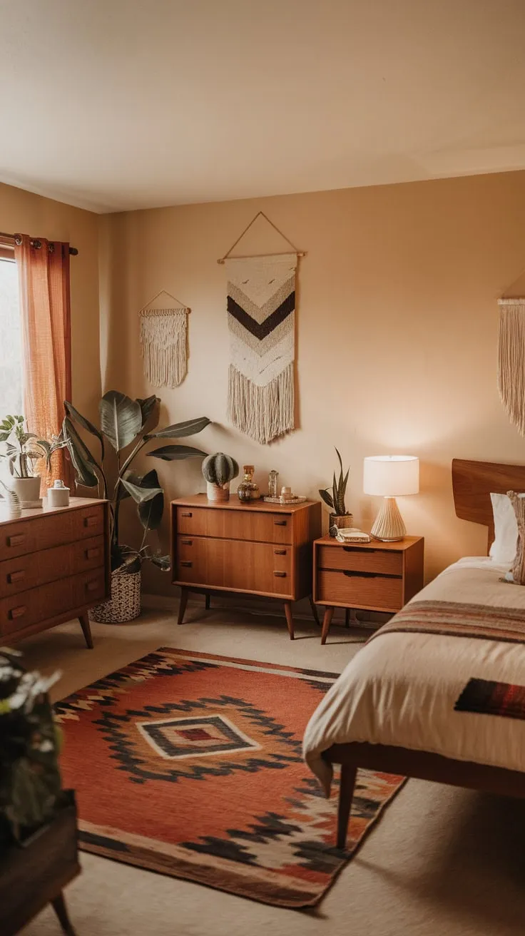 Warm beige walls and mid-century furniture create a cozy, inviting mid-century modern bedroom sanctuary