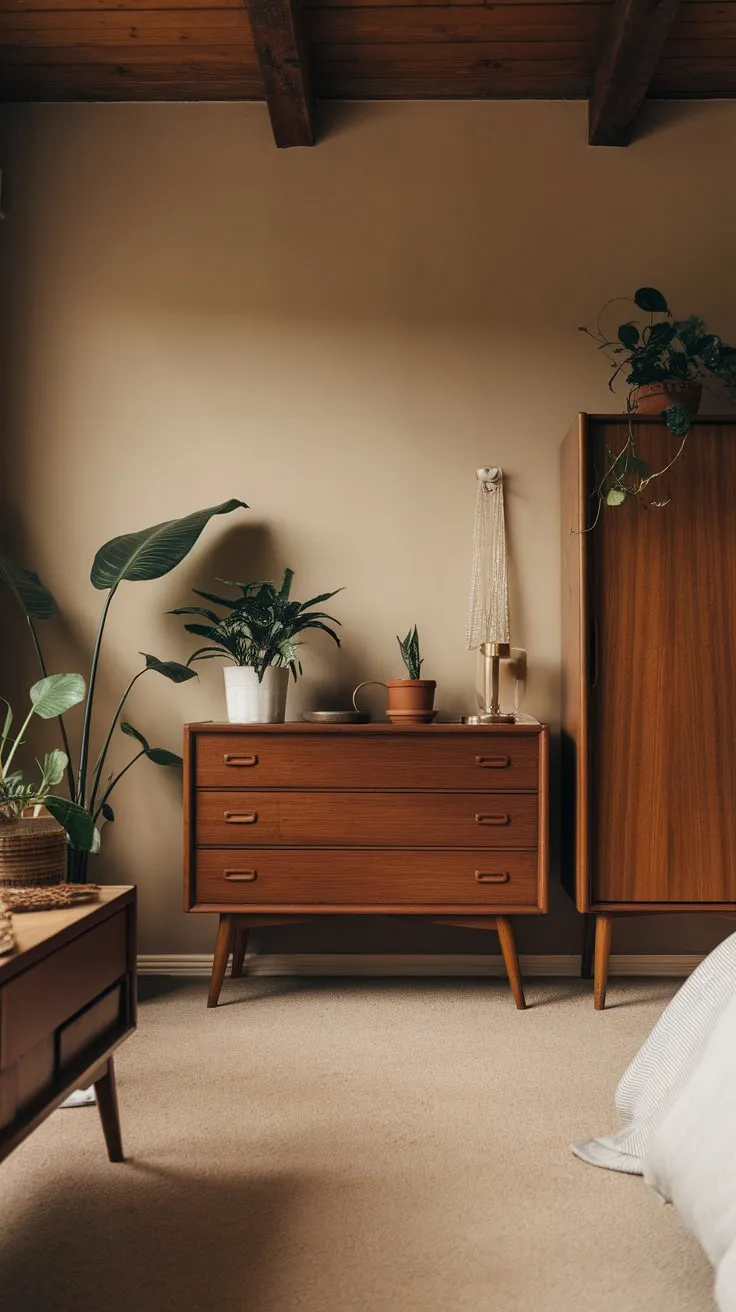 Warm beige tones, wooden furniture, and soft lighting create a calming mid-century modern bedroom with a touch of farmhouse charm.