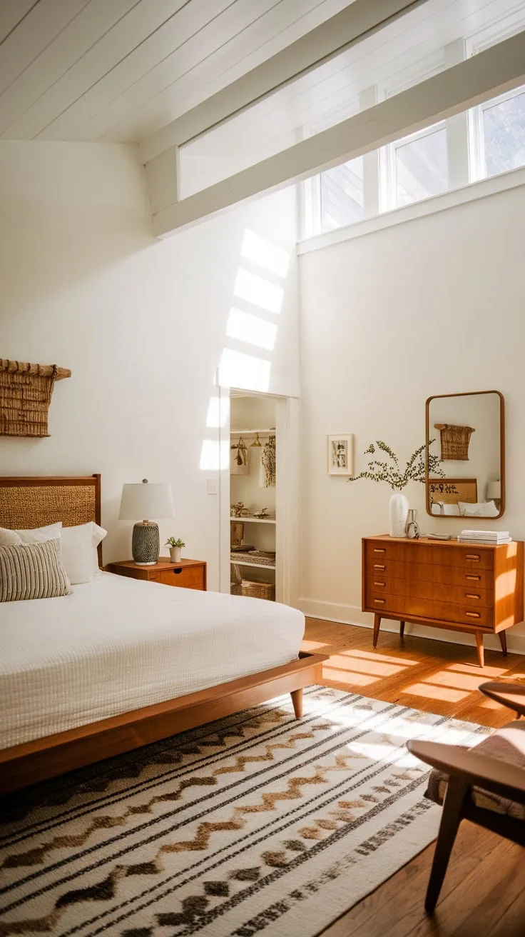 A farmhouse-infused mid-century modern bedroom basks in natural light, showcasing a cozy wooden platform bed and classic furniture.