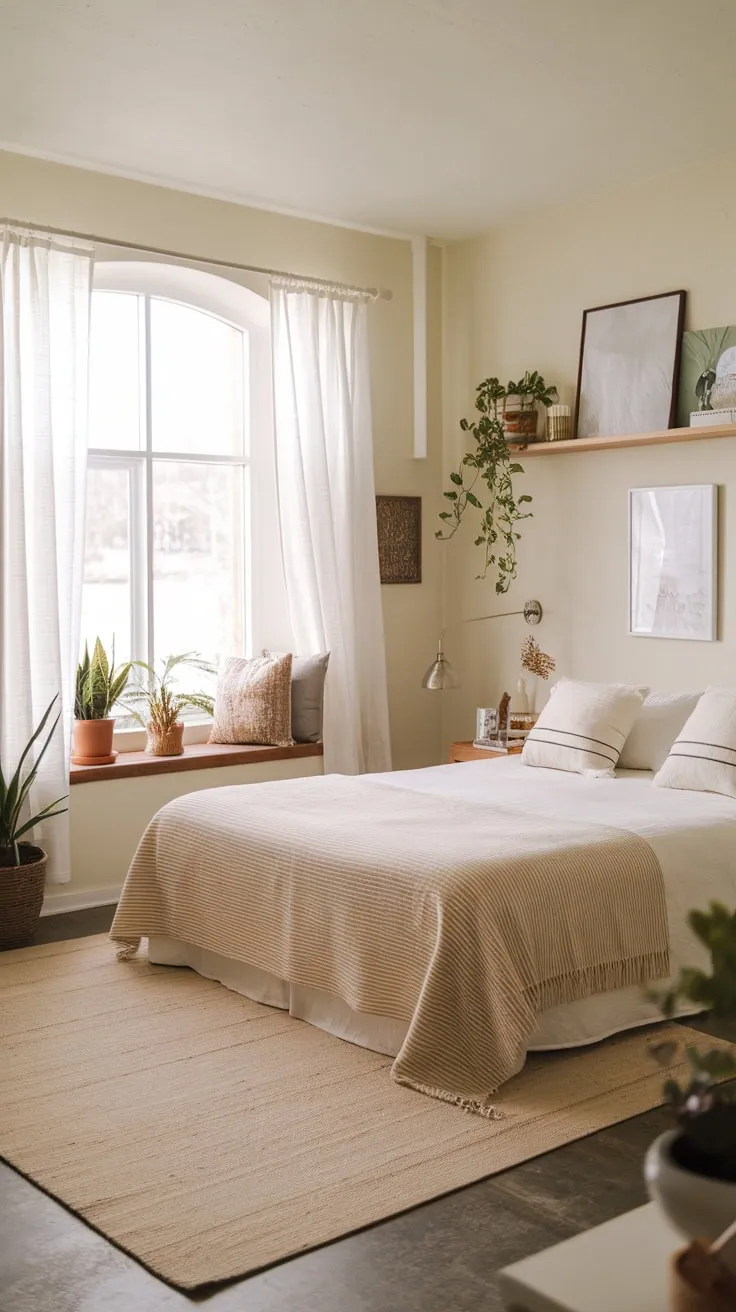 Calm and cozy, a mid-century modern bedroom with farmhouse charm features a queen bed, light walls, and pops of greenery.