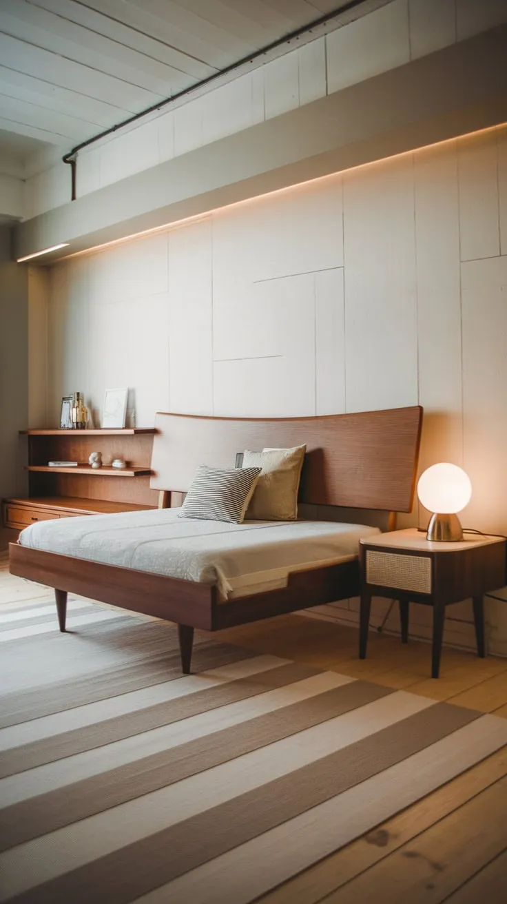Calming light floods a mid-century modern bedroom, its simple wooden floors and sleek furniture creating a cozy retreat