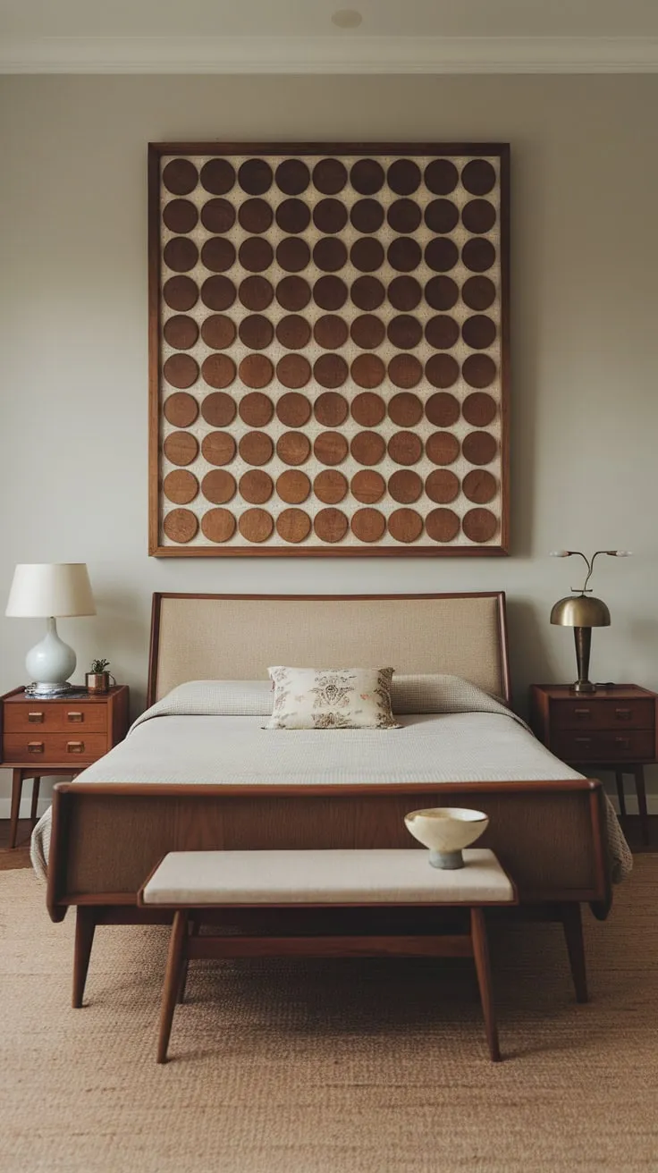 Calm sophistication fills a mid-century modern bedroom, its wooden furniture and soft grey walls creating a tranquil haven