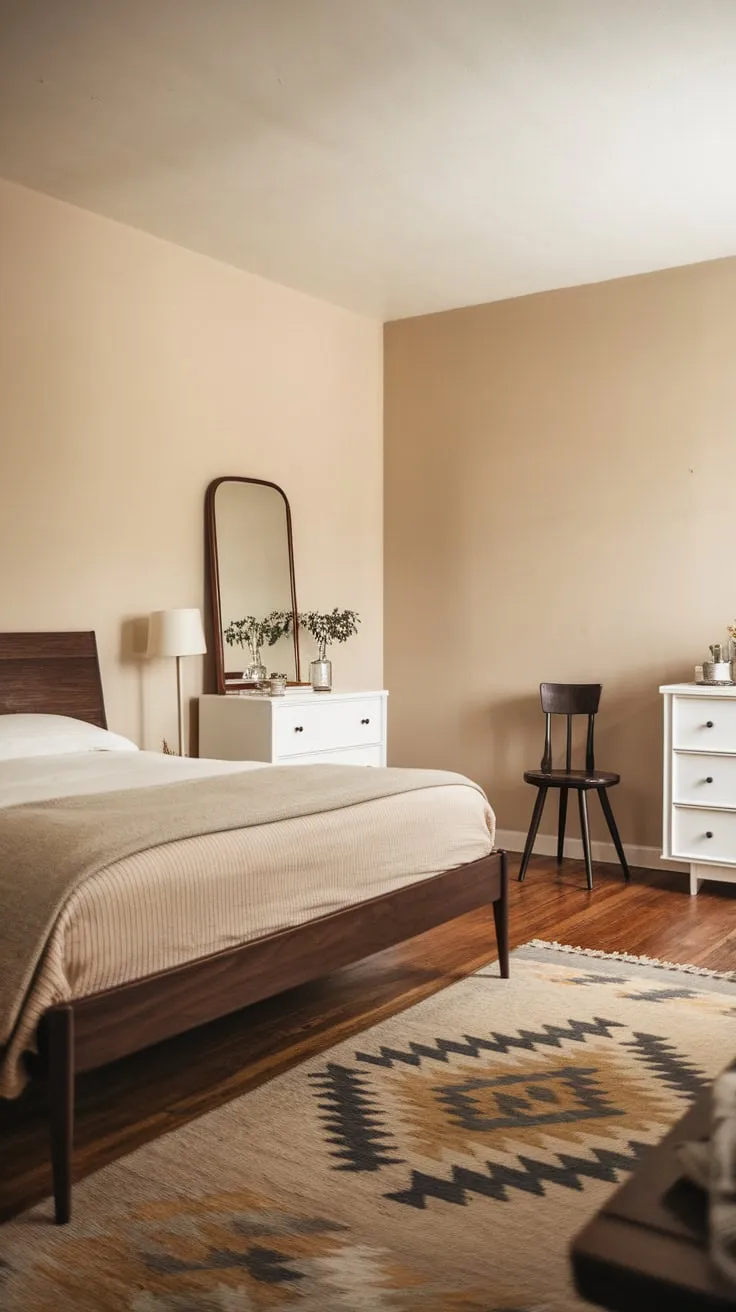 Soft lighting illuminates a calming mid-century modern bedroom featuring a queen bed, dark wood accents, and geometric patterned rug.