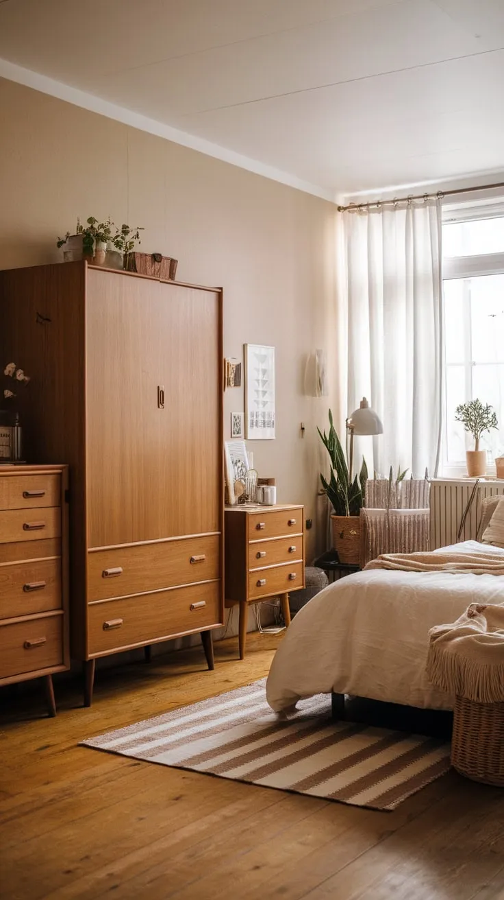 A beige-walled bedroom blends mid-century furniture with farmhouse charm creating a peaceful Scandinavian retreat.