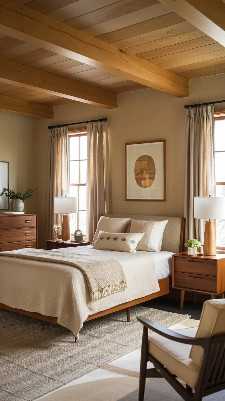 Warm beige walls, wooden beams, and mid-century modern furniture create a cozy, calm farmhouse-inspired bedroom.