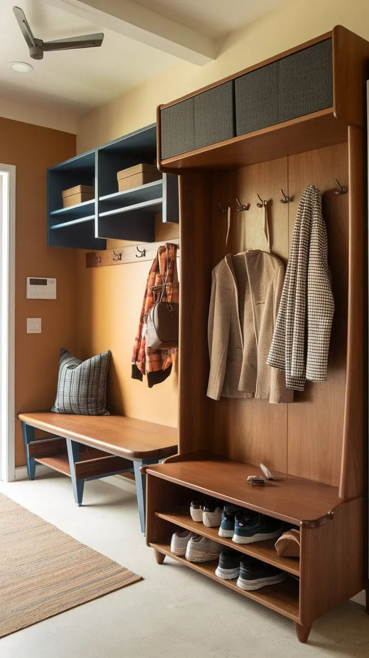 A stylish fusion of mid-century design and practical features transforms the entryway into a beautiful and functional space.