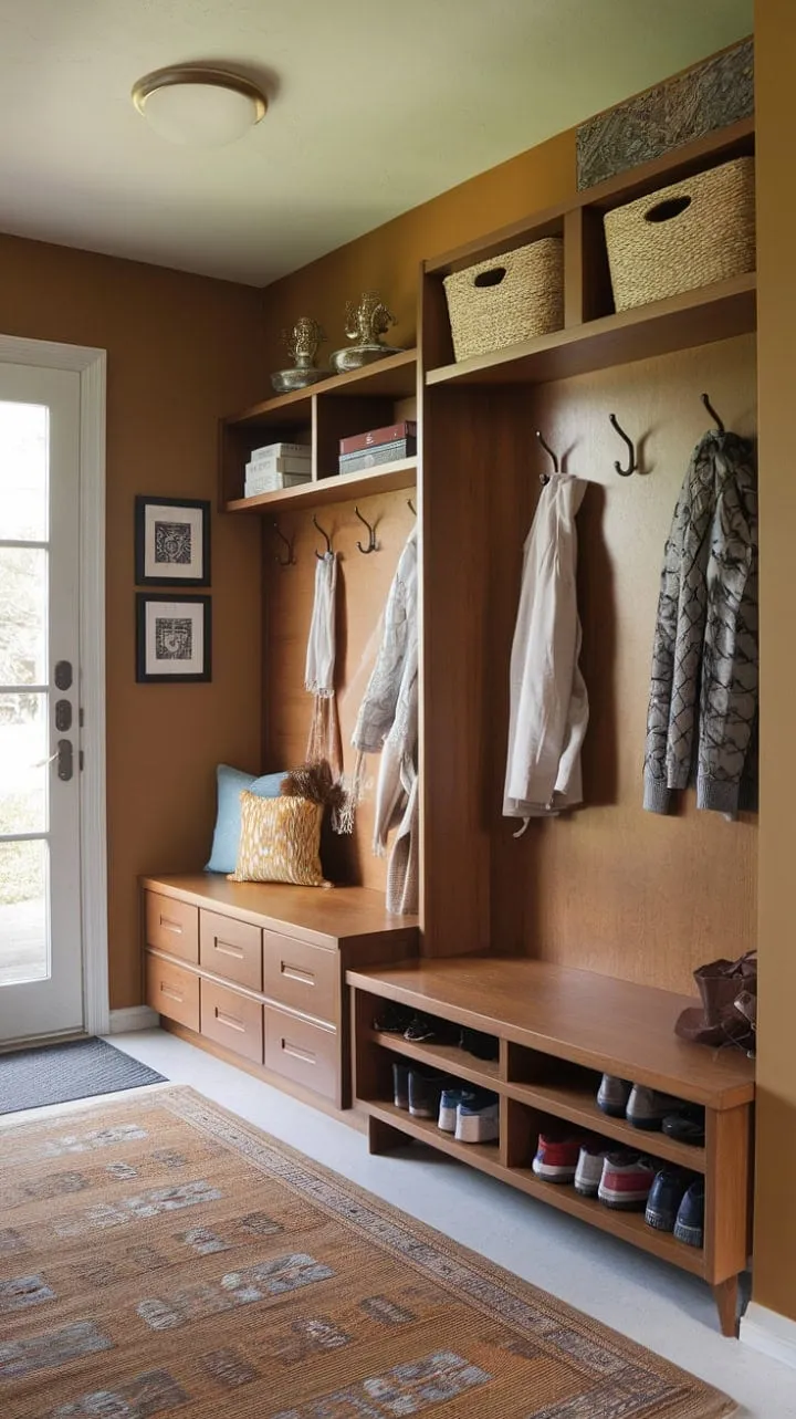 This stylish entryway harmoniously combines a charming hall tree, functional storage, and a cozy bench, all enhanced by warm tones and a patterned rug for a welcoming mid-century modern vibe.