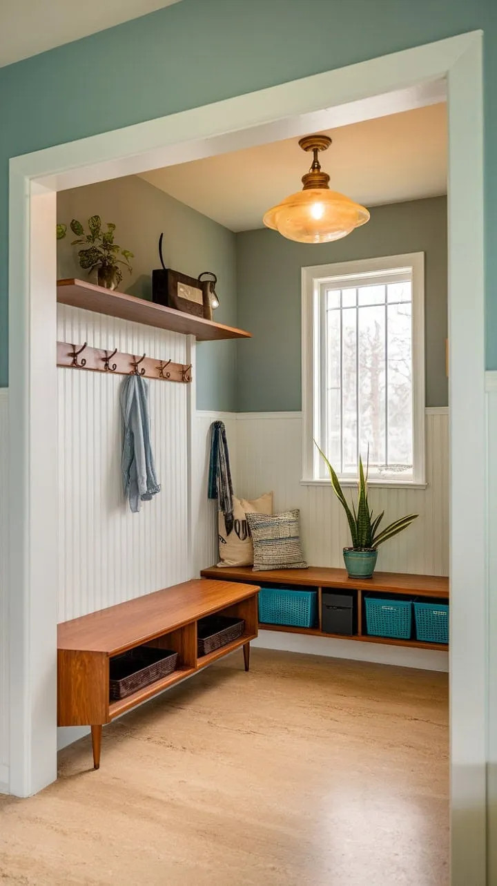 This serene entryway masterfully blends mid-century modern style with practical storage solutions, featuring calming light blue walls and a functional mudroom for everyday essentials.