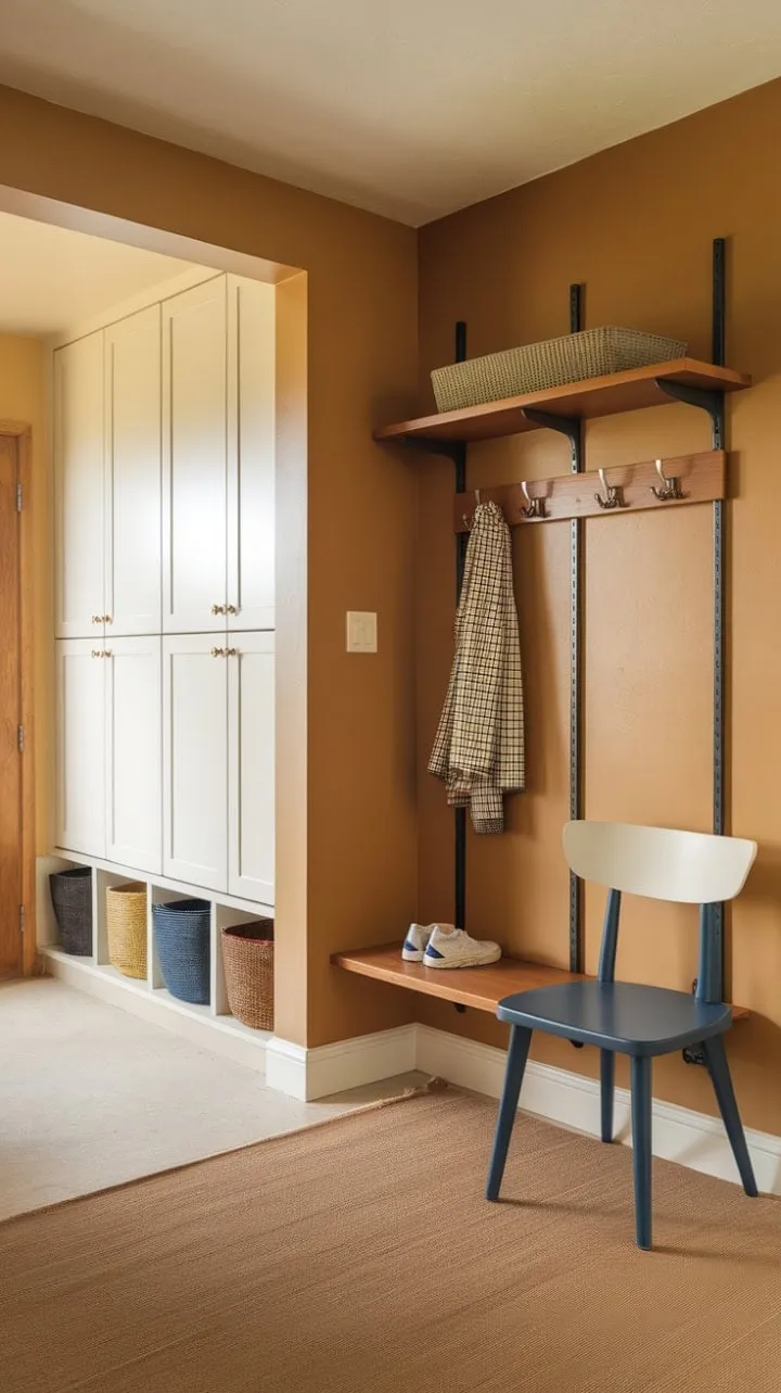 This mid-century modern entryway, featuring warm beige walls and a light brown rug, combines style and organization with a chic hall tree and a vibrant blue-accented chair for a welcoming atmosphere.