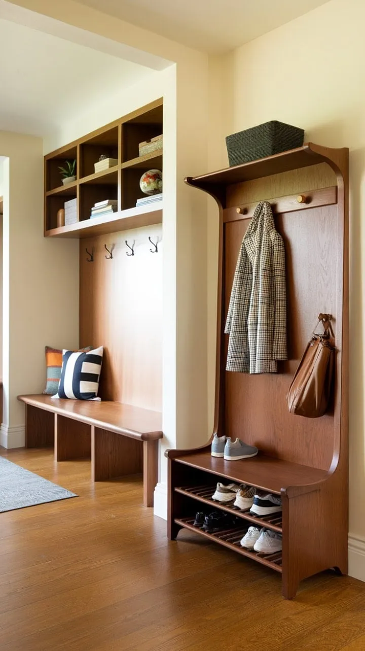 This entryway seamlessly combines warm wood tones and mid-century modern charm with stylish storage solutions for a welcoming and functional space.