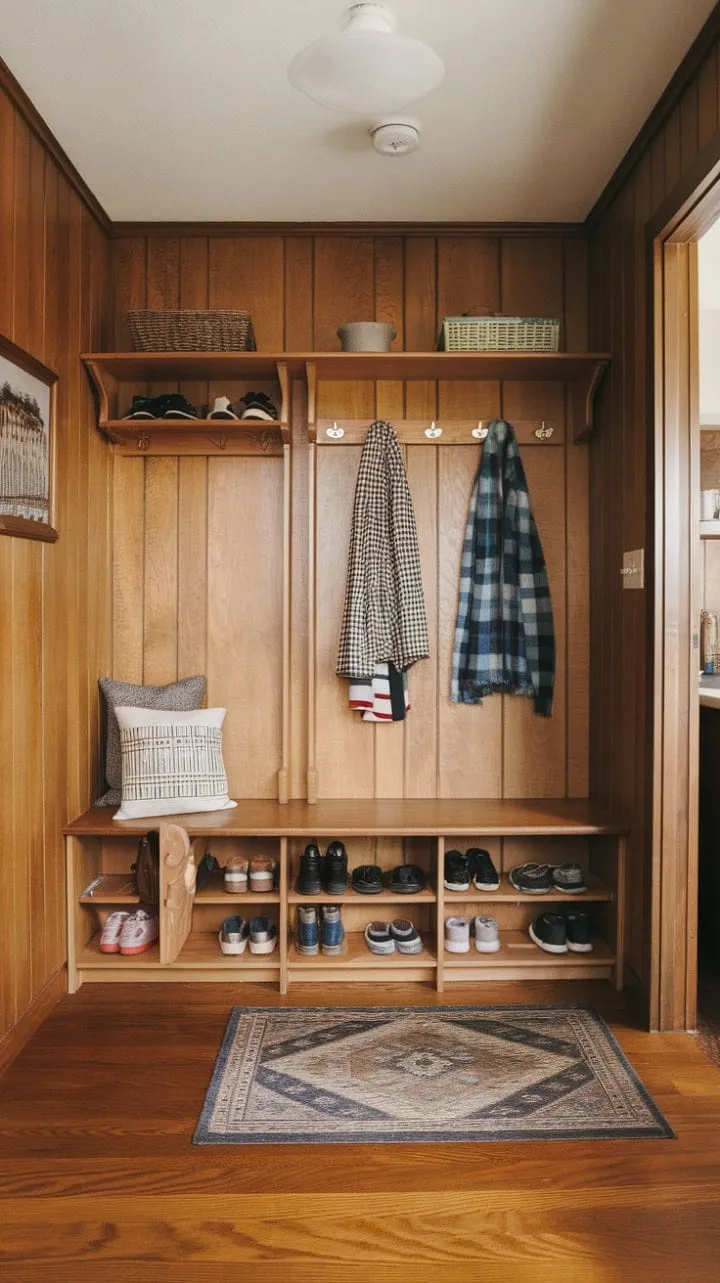 This inviting entryway blends warm wood tones and mid-century modern design with functional features like a hall tree and ample shelving, creating a stylish and organized start to each day.