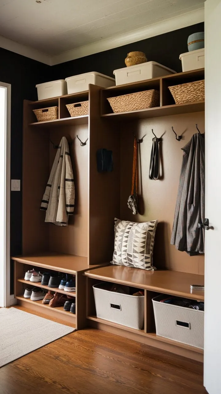 This mid-century modern entryway masterfully blends style and practicality, showcasing how organized chaos can create a functional yet chic space.