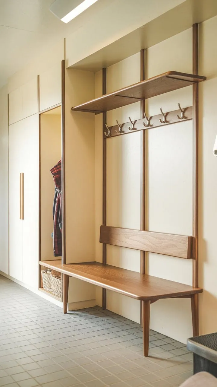 Bathed in sunlight, this mid-century modern entryway harmoniously combines warm wood tones and functional design, creating a serene and inviting welcome home.