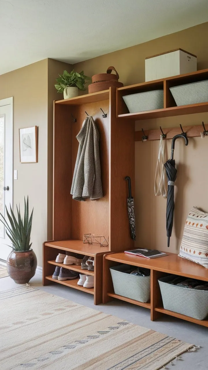 Experience the perfect harmony of style and practicality in this mid-century modern entryway, where a chic hall tree and built-in mudroom bench create a serene retreat for shedding the day's burdens.