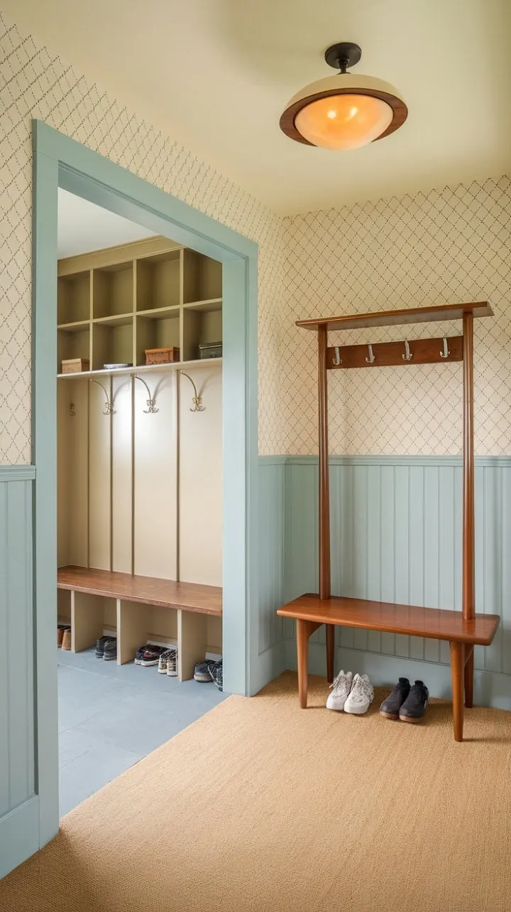 This mid-century modern entrance hall masterfully combines clean lines and soothing colors with practical design for a serene and stylish welcome.