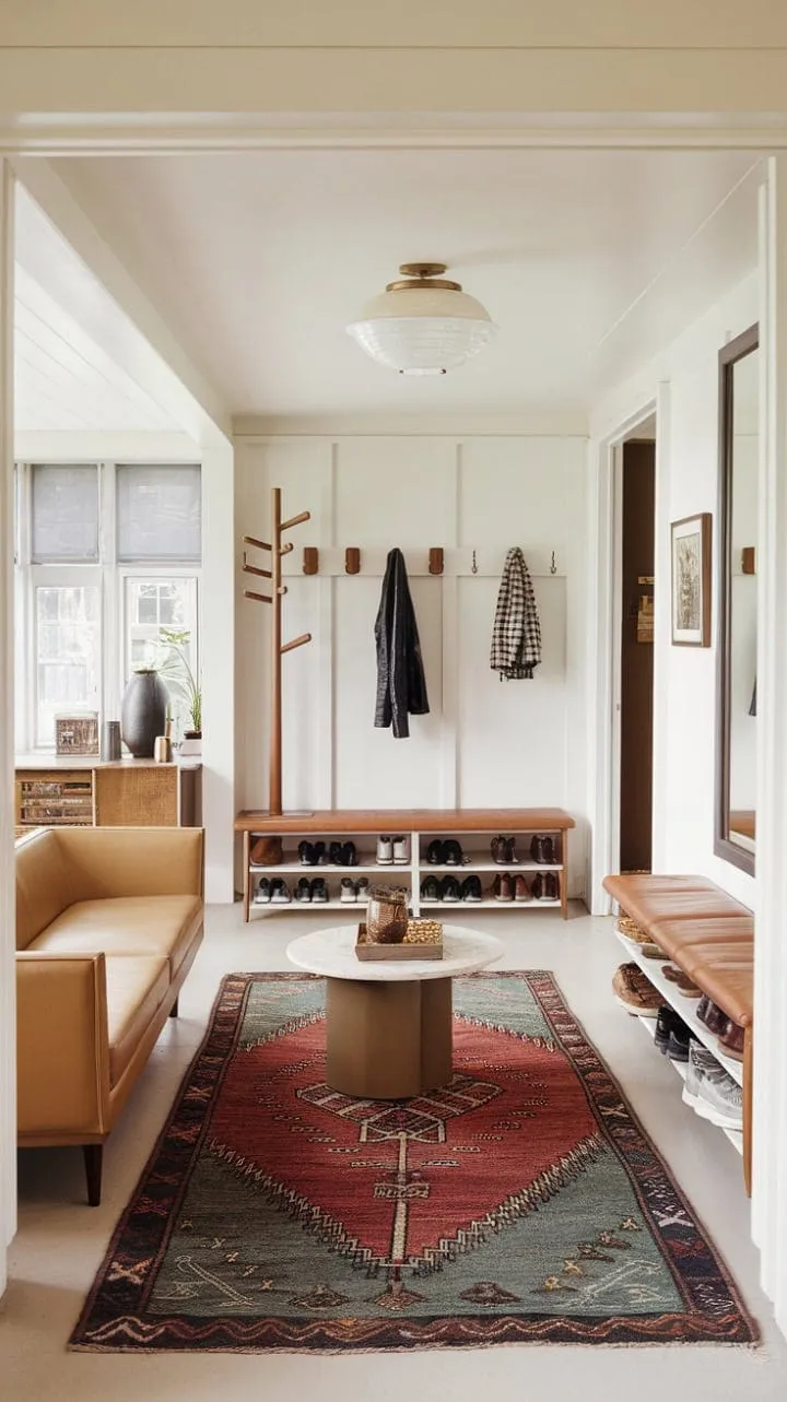 Bathed in sunlight, this mid-century modern entryway harmoniously blends comfort and classic design with its warm sofa, vintage rug, and stylish storage solutions.