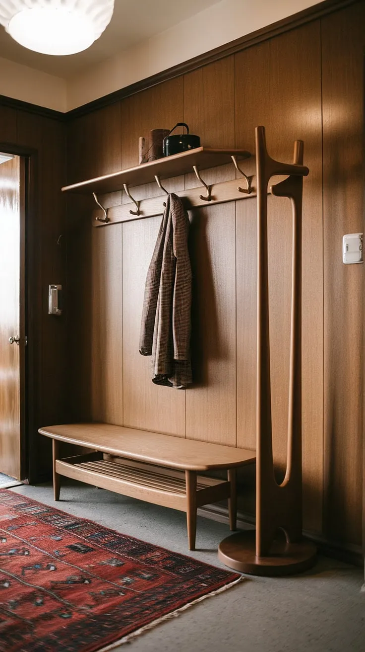 This sun-drenched entryway is the epitome of mid-century charm. A thoughtfully designed space, complete with a comfortable bench and ample coat hooks, makes coming and going a pleasure. A true testament to classic design.