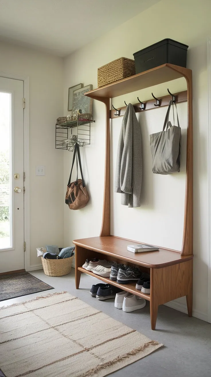 This streamlined mid-century modern entryway is the epitome of functional design. The hall tree with its integrated bench provides a convenient spot to shed coats and shoes, while the added shelving and drop zone offer ample storage for everyday essentials. A welcoming rug completes the look.