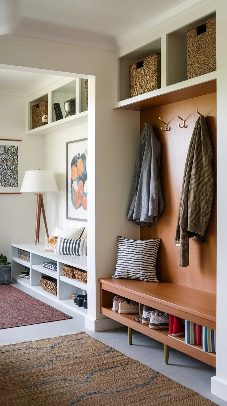 This meticulously designed entryway is the epitome of mid-century modern living. The hall tree and mudroom offer a seamless blend of style and practicality, providing a designated drop zone and ample storage. The carefully chosen artwork and warm lighting create a welcoming A-plus ambiance, making a strong first impression. A true testament to thoughtful design and efficient space planning.