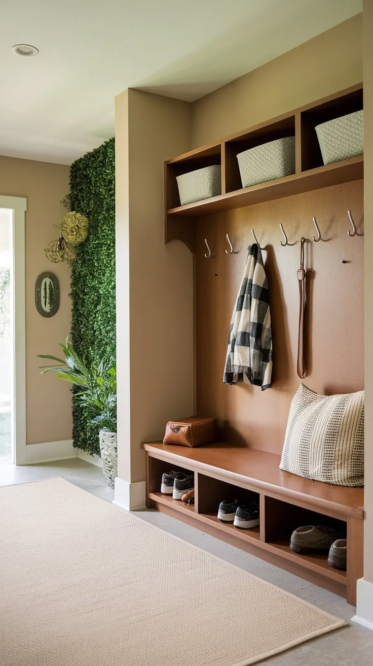 Step into serenity. This mid-century modern entryway, complete with a practical hall tree and thoughtfully designed mudroom, welcomes you home with its calming beige tones and organized functionality. A perfect blend of style and practicality, it effortlessly manages the daily chaos while maintaining a sense of calm. A green plant adds a touch of life to this inviting space.