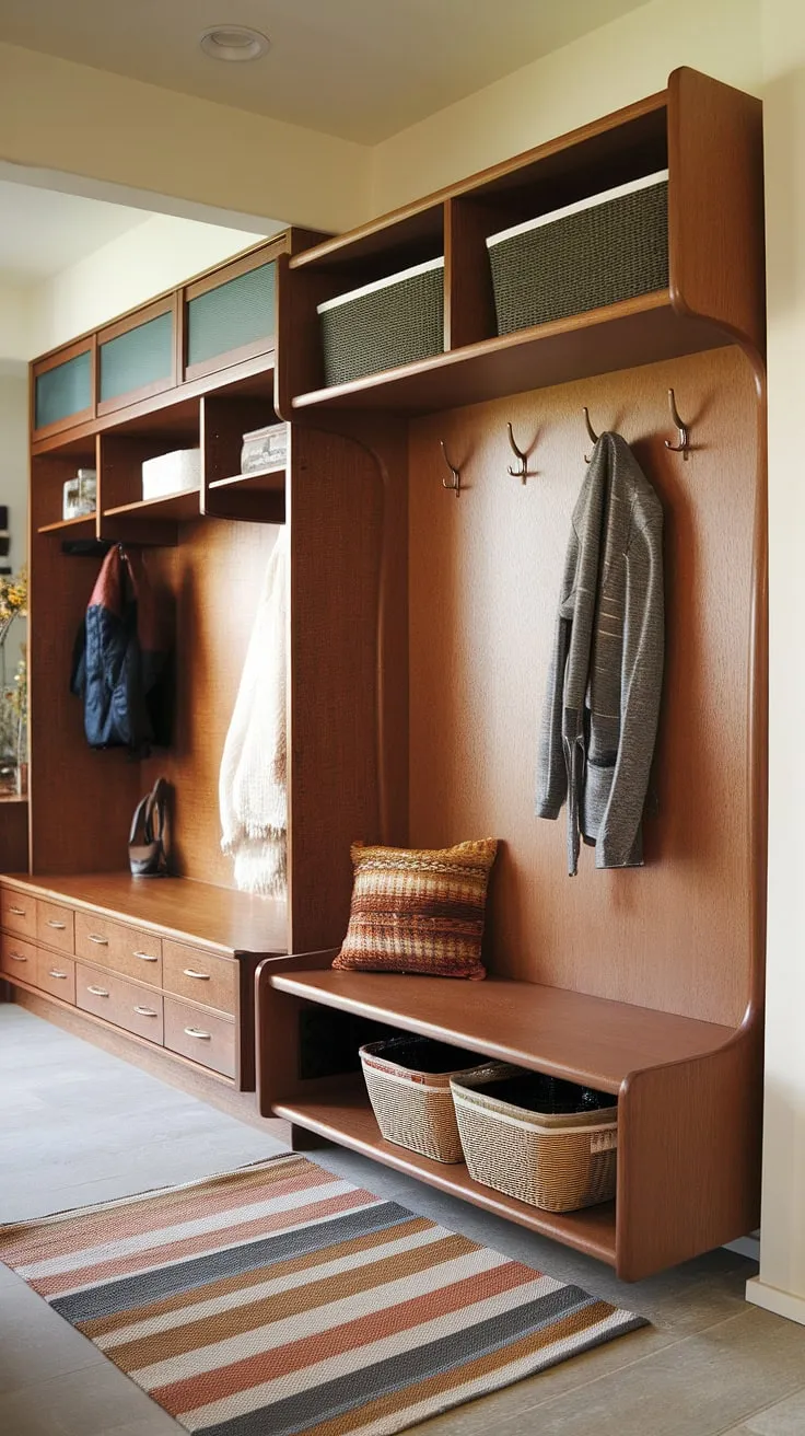 Step into mid-century modern bliss. This entryway, complete with a welcoming hall tree, thoughtfully designed mudroom, and cozy drop zone, effortlessly blends style and functionality. The warm wood tones and curated details create a space that's both inviting and organized. A perfect blend of form and function.