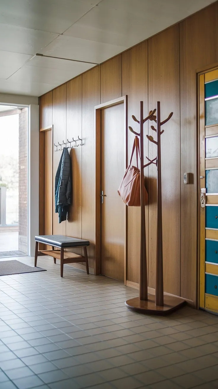 A welcoming haven of mid-century design. This spacious entryway boasts a stunning hall tree, providing ample storage for coats and accessories. The rich wood paneling and tiled floor create a sophisticated atmosphere, making a grand first impression. A true testament to classic design.