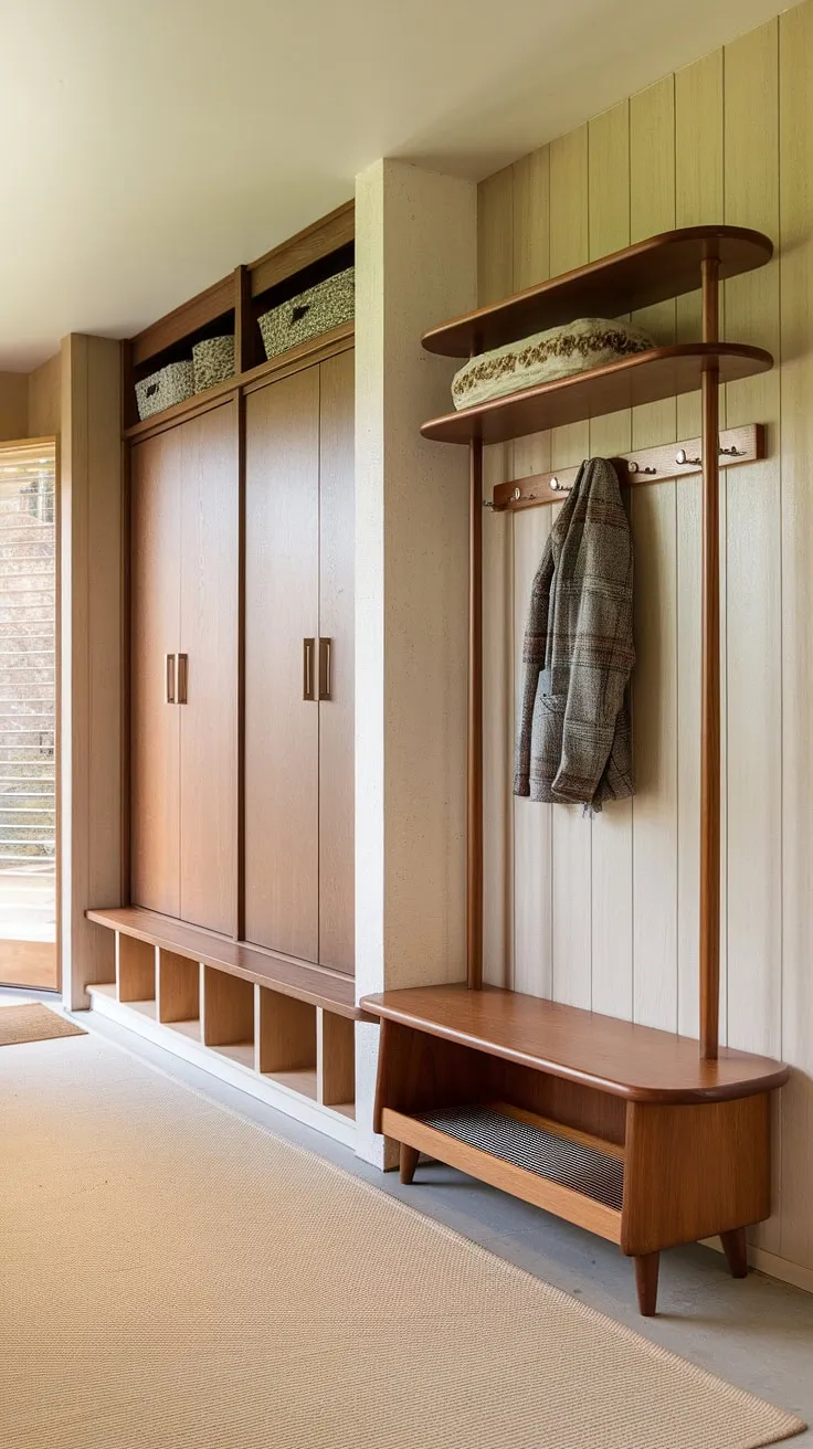 Step into mid-century modern style with this inviting entryway. The warm wood paneling, cozy bench, and ample storage create a functional and stylish drop zone, perfect for shedding the day's worries and embracing the calm of home. A true testament to timeless design.