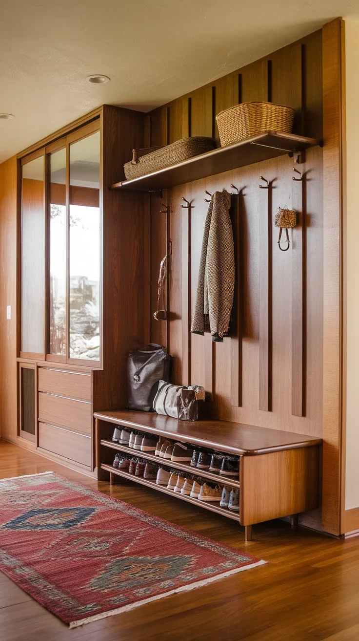 Step into mid-century modern style with this inviting entryway. The warm-toned walls, rich wood floors, and thoughtfully designed hall tree create a welcoming atmosphere, while the convenient drop zone with bench and shoe storage ensures a functional and stylish start to your day. A perfect blend of form and function.
