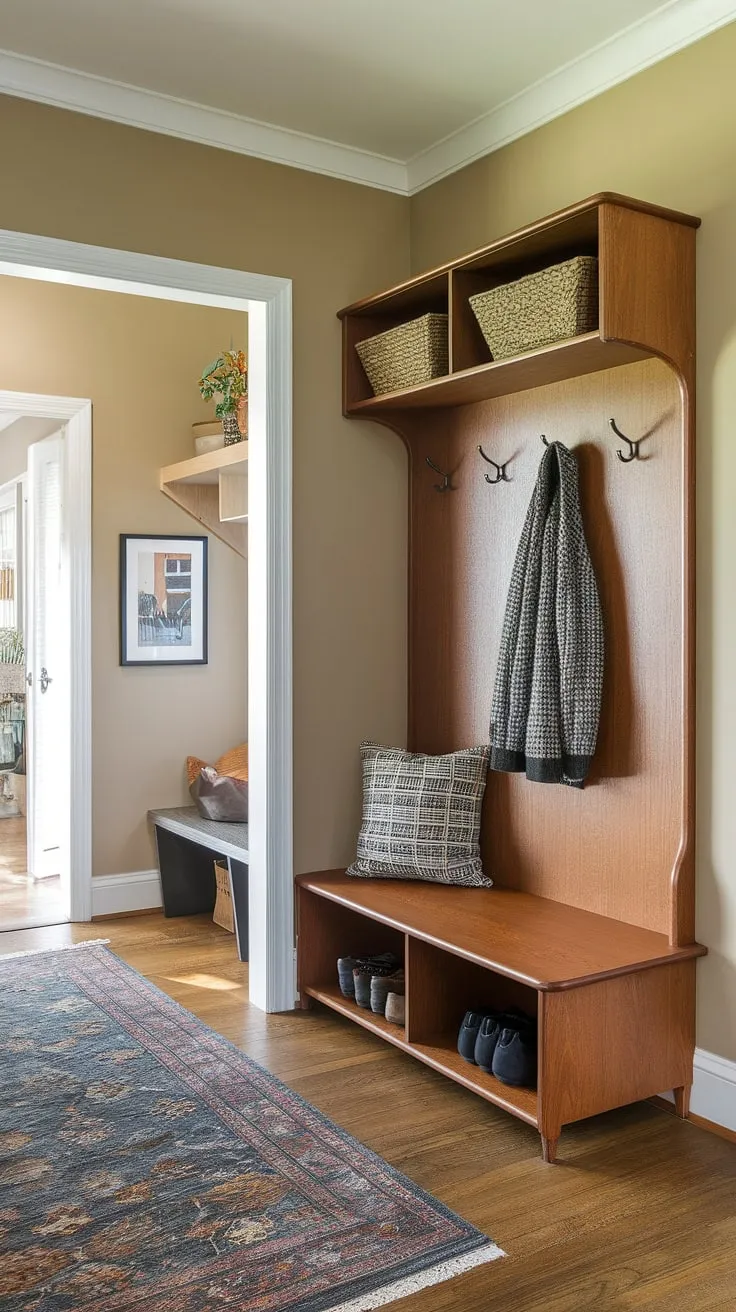 Step into mid-century modern charm with this perfectly organized entryway. The hall tree offers ample storage, while the dedicated mudroom keeps everything in its place, creating a welcoming and functional space. A simple yet stylish rug adds warmth underfoot.