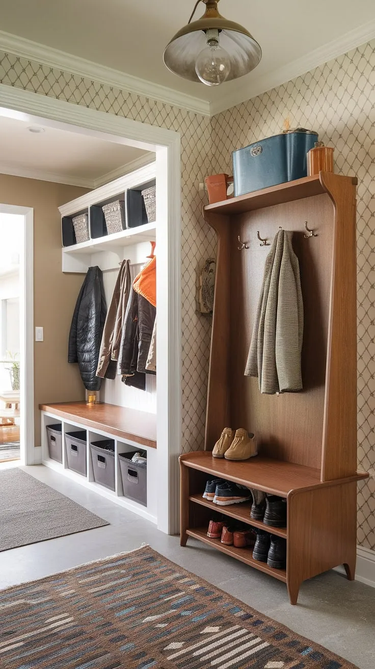 This meticulously curated entryway seamlessly blends mid-century modern aesthetics with practical functionality. The hall tree and mudroom provide a dedicated space for coats and shoes, while the vintage lamp and patterned walls add a touch of refined elegance. A perfect blend of form and function for a welcoming and organized home.