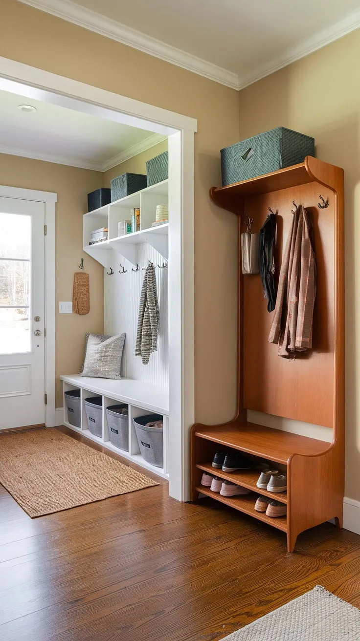Step into effortless style and organization. This mid-century modern entryway, complete with a hall tree, built-in storage, and a dedicated drop zone, makes coming and going a breeze. The thoughtful design ensures everything has its place, creating a calm and welcoming atmosphere. A perfect blend of form and function.