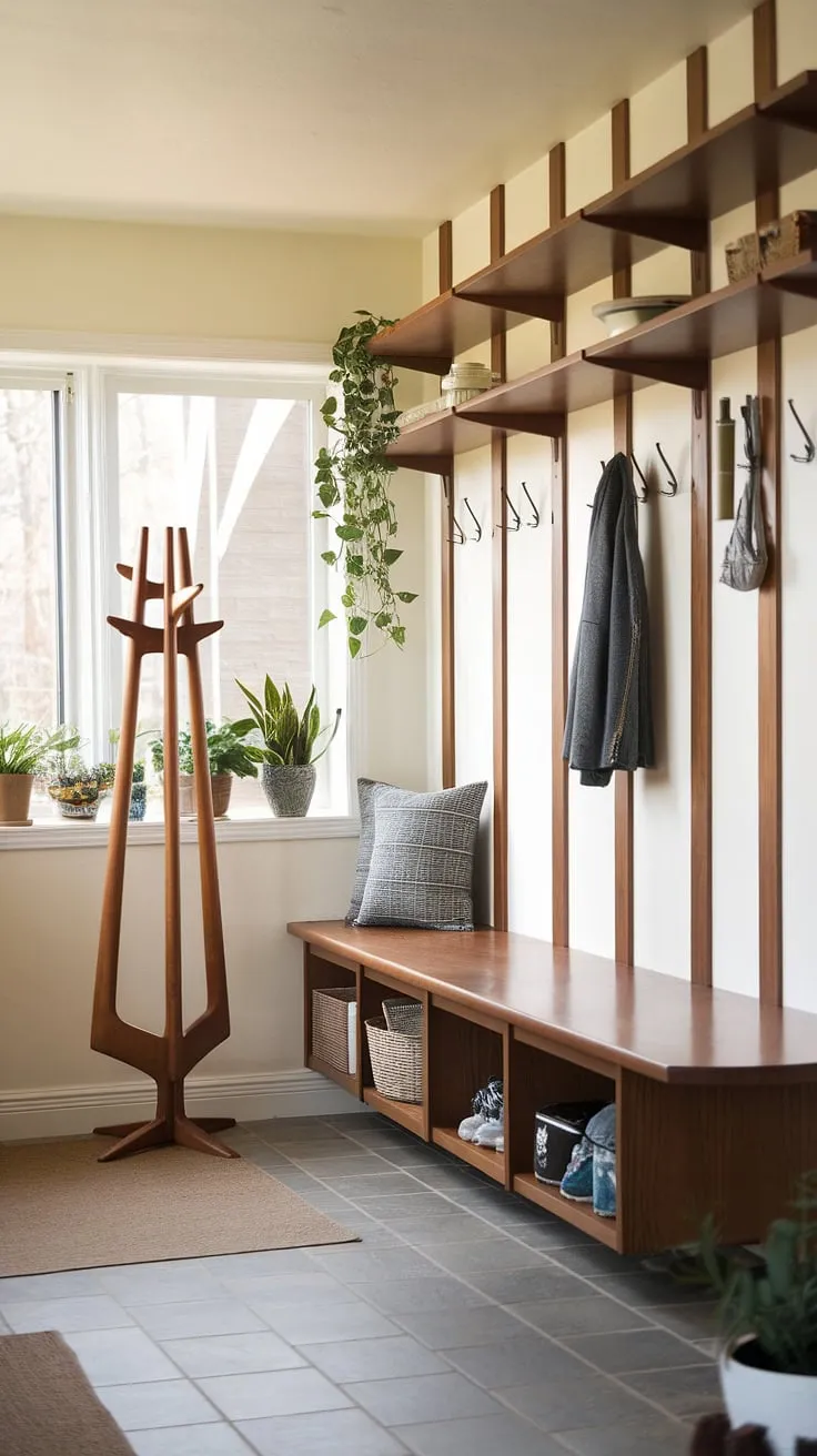 Step into mid-century modern bliss. This entryway, complete with a hall tree, built-in bench seating, and ample storage, effortlessly blends style and functionality. The thoughtful design, including a dedicated drop zone and vibrant greenery, creates a welcoming and organized atmosphere. A true testament to timeless design.