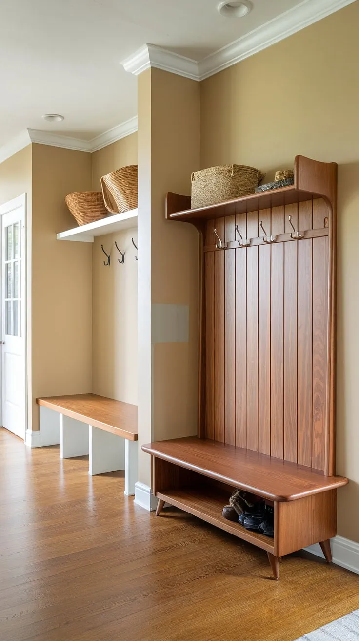 Step into mid-century modern charm with this inviting entryway. The warm beige walls and rich wood floors create a welcoming atmosphere, while the functional hall tree and thoughtfully designed drop zone-complete with extra hooks-ensure a clutter-free start to your day. A perfect blend of style and practicality.