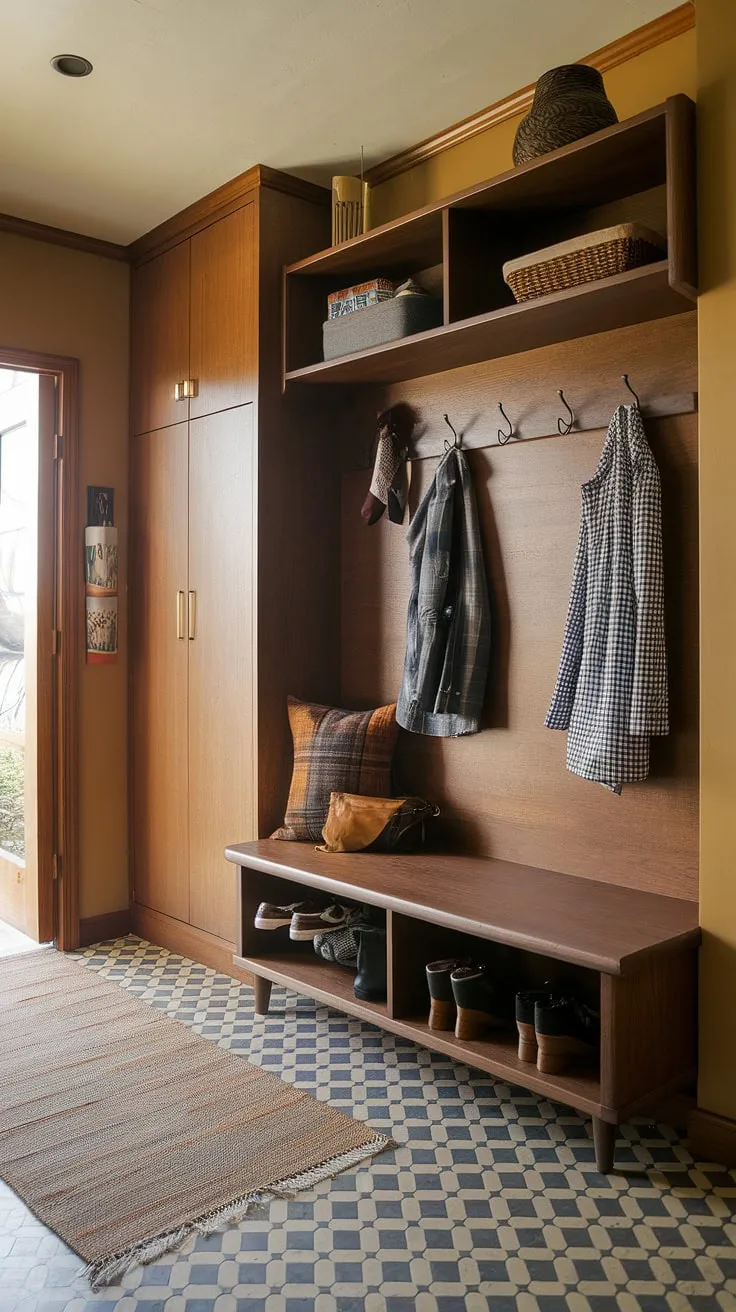 This thoughtfully designed entryway seamlessly blends mid-century modern aesthetics with practical functionality. A stylish hall tree with a built-in bench provides ample storage, while the warm wall tones and geometric floor create a sophisticated and inviting atmosphere. A designated drop zone completes the picture, ensuring a clutter-free and welcoming entrance to your home.