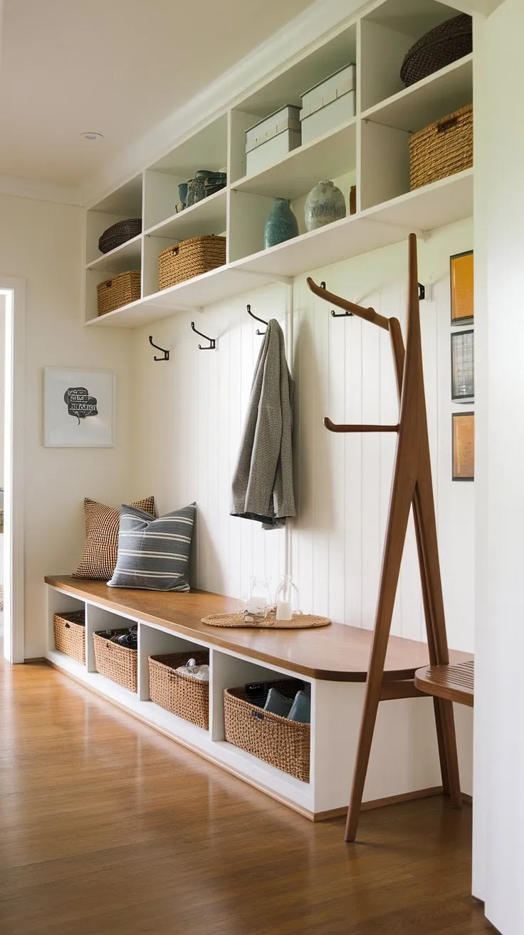 A perfectly planned mid-century modern mudroom. The hall tree, bench, and ample shelving provide a stylish and functional solution for everyday organization. A true testament to efficient design.