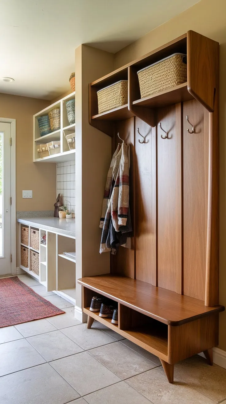 Step into mid-century modern style with this perfectly organized entryway. The hall tree, complete with a built-in bench and ample coat hooks, provides a welcoming space to shed outerwear, while the adjacent storage unit and mudroom sink keep everything tidy and functional. A simple rug adds warmth underfoot, creating a space that's both practical and aesthetically pleasing.