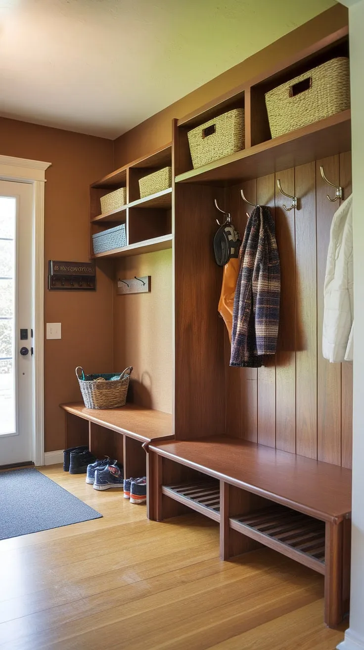 Step into mid-century modern charm with this perfectly organized entryway. The warm-toned walls and natural wood floors create a welcoming atmosphere, while the hall tree, mudroom shelves, and designated drop zone-complete with a shoe basket-ensure a clutter-free start to every day. A true testament to functional design.