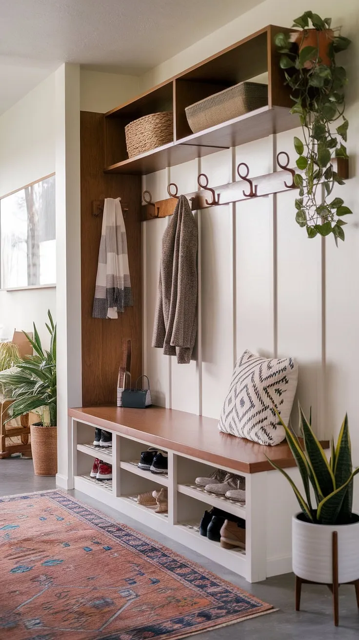 Step into mid-century modern style with this thoughtfully designed entryway. The built-in bench with storage, hall tree, and ample space for shoes and coats create a functional and stylish drop zone, perfect for shedding the day's worries and welcoming guests. The patterned rug and potted plants add a touch of warmth and personality.