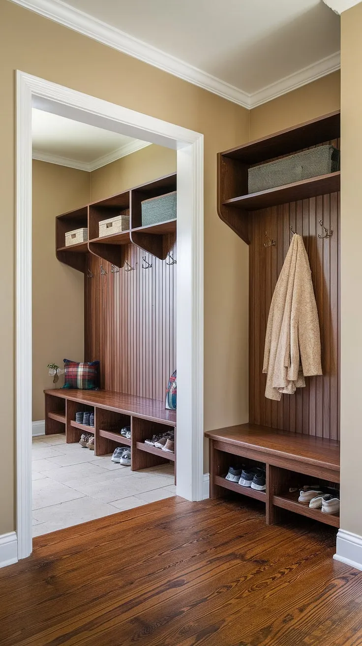 This stunning entryway and mudroom seamlessly blend mid-century modern design with practical functionality. The dark stained wood accents beautifully complement the neutral beige walls, creating a sophisticated and inviting space. With a dedicated hall tree, bench, and shelves, this area offers ample storage and a designated drop zone for everyday essentials, ensuring a clutter-free and organized home.